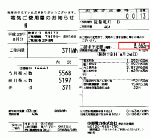 ２０１１年８月分買電電気料金